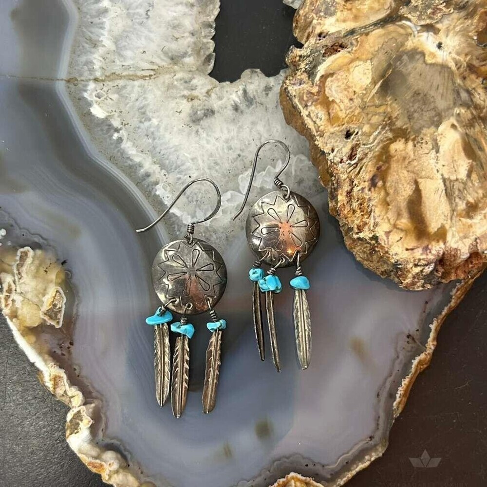 Vintage Native American Silver Turquoise w/Feather Dangle Earrings For Women - Picture 2 of 10